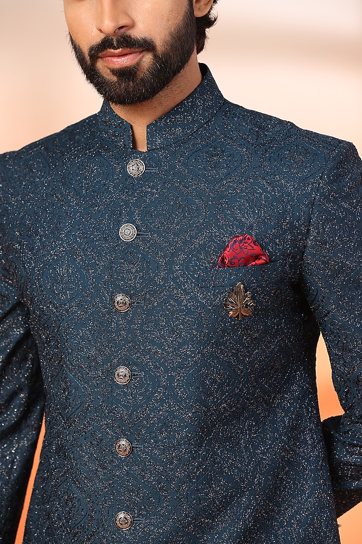 Blue Jacquard Thread Embroidered Achkan Style Wedding Indowestern Set by Zoop Men at Pernia's Pop Up Shop