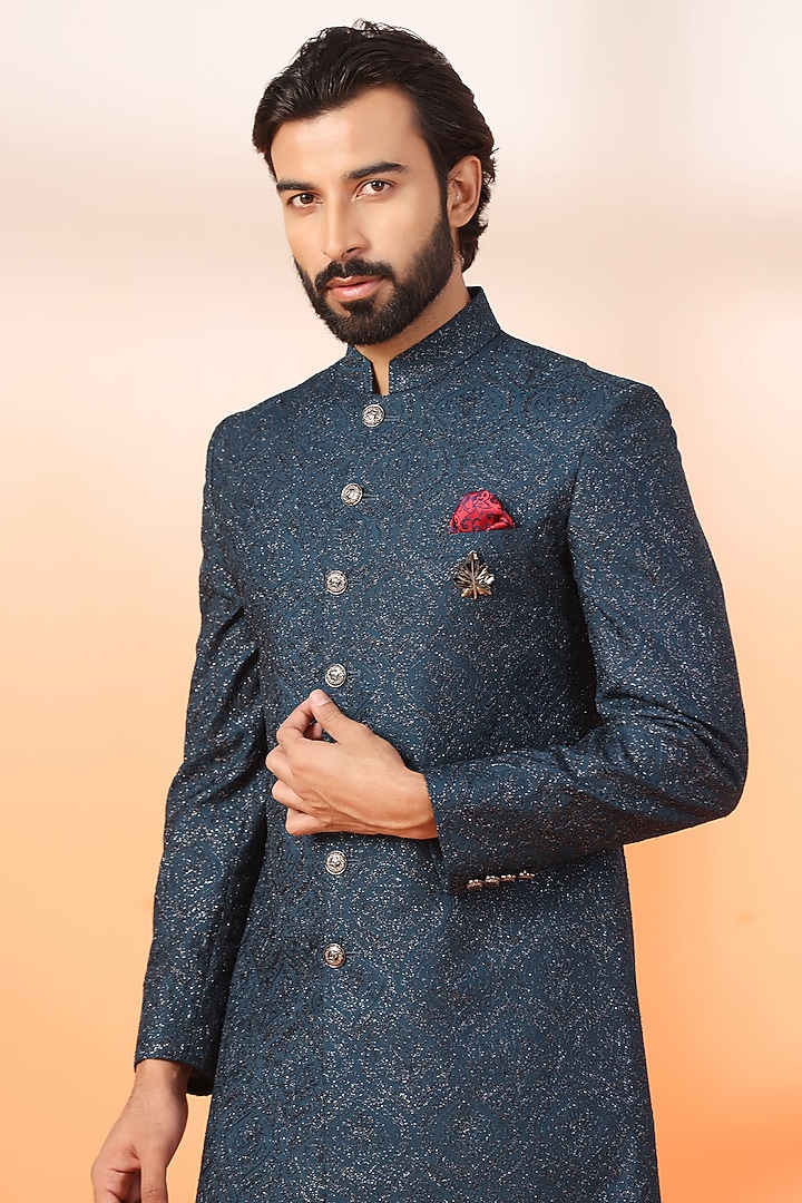 Blue Jacquard Thread Embroidered Achkan Style Wedding Indowestern Set by Zoop Men at Pernia's Pop Up Shop