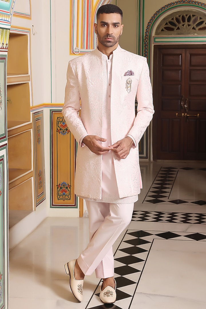 Light Pink Jacquard Thread Hand Embroidered Wedding Indowestern Jacket Set by Zoop Men at Pernia's Pop Up Shop