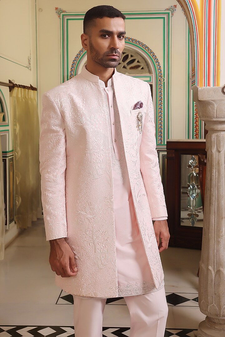 Light Pink Jacquard Thread Hand Embroidered Wedding Indowestern Jacket Set by Zoop Men at Pernia's Pop Up Shop