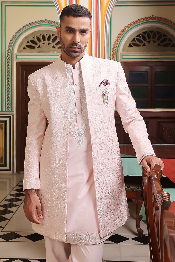 Light Pink Jacquard Thread Hand Embroidered Wedding Indowestern Jacket Set by Zoop Men at Pernia's Pop Up Shop