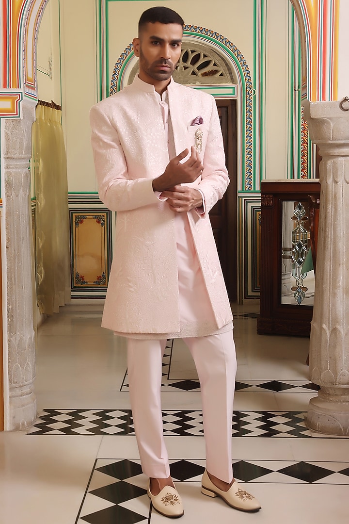 Light Pink Jacquard Thread Hand Embroidered Wedding Indowestern Jacket Set by Zoop Men at Pernia's Pop Up Shop