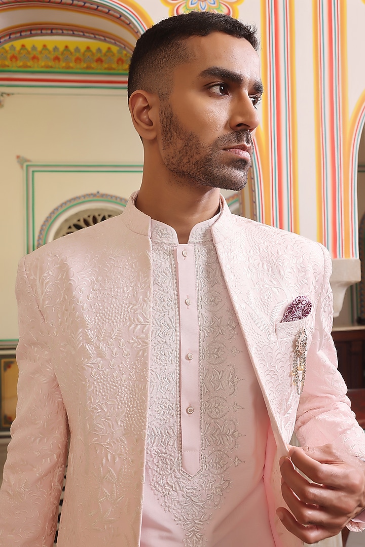 Light Pink Jacquard Thread Hand Embroidered Wedding Indowestern Jacket Set by Zoop Men at Pernia's Pop Up Shop