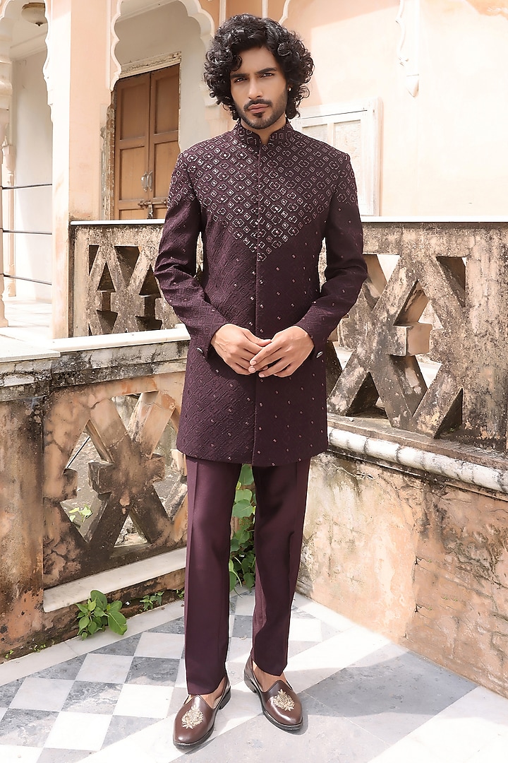 Dark Wine Jacquard Hand Embroidered Achkan Style Indowestern Jacket Set by Zoop Men