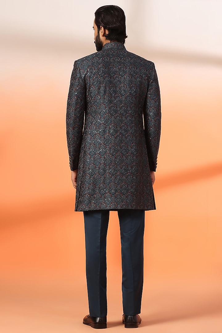 Teal Jacquard Thread Embroidered Achkan Style Wedding Indowestern Jacket Set by Zoop Men at Pernia's Pop Up Shop