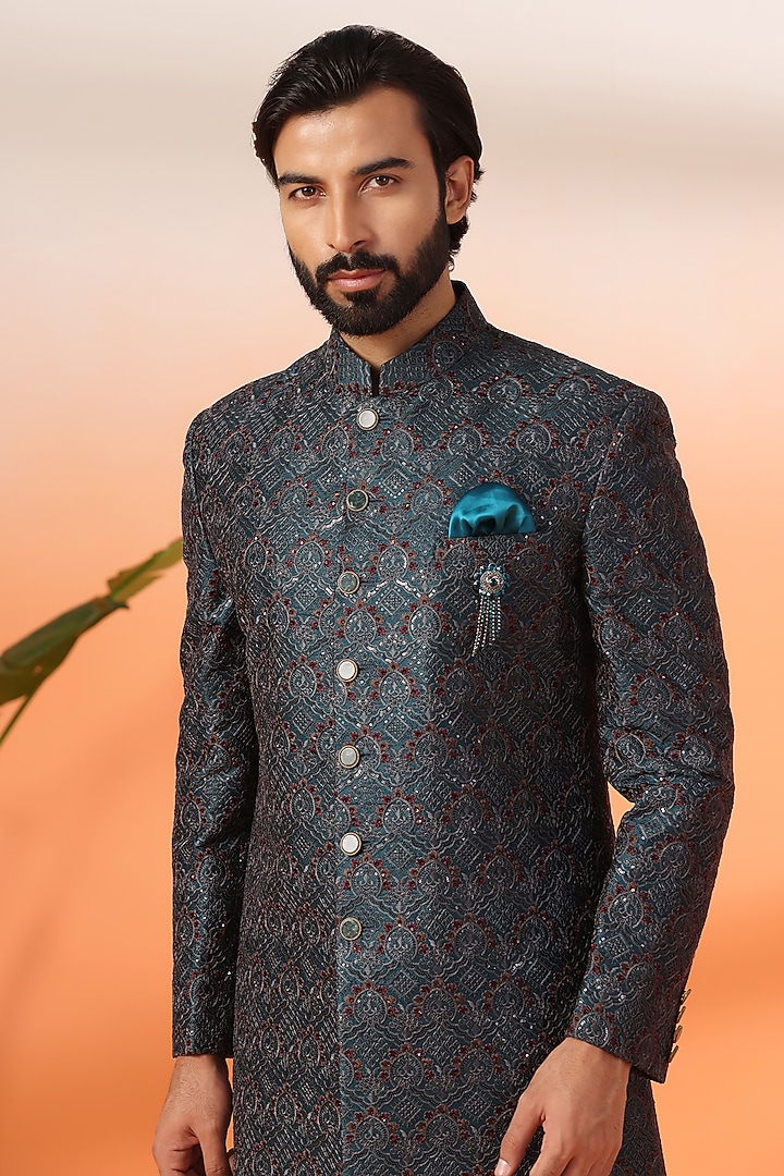Teal Jacquard Thread Embroidered Achkan Style Wedding Indowestern Jacket Set by Zoop Men at Pernia's Pop Up Shop
