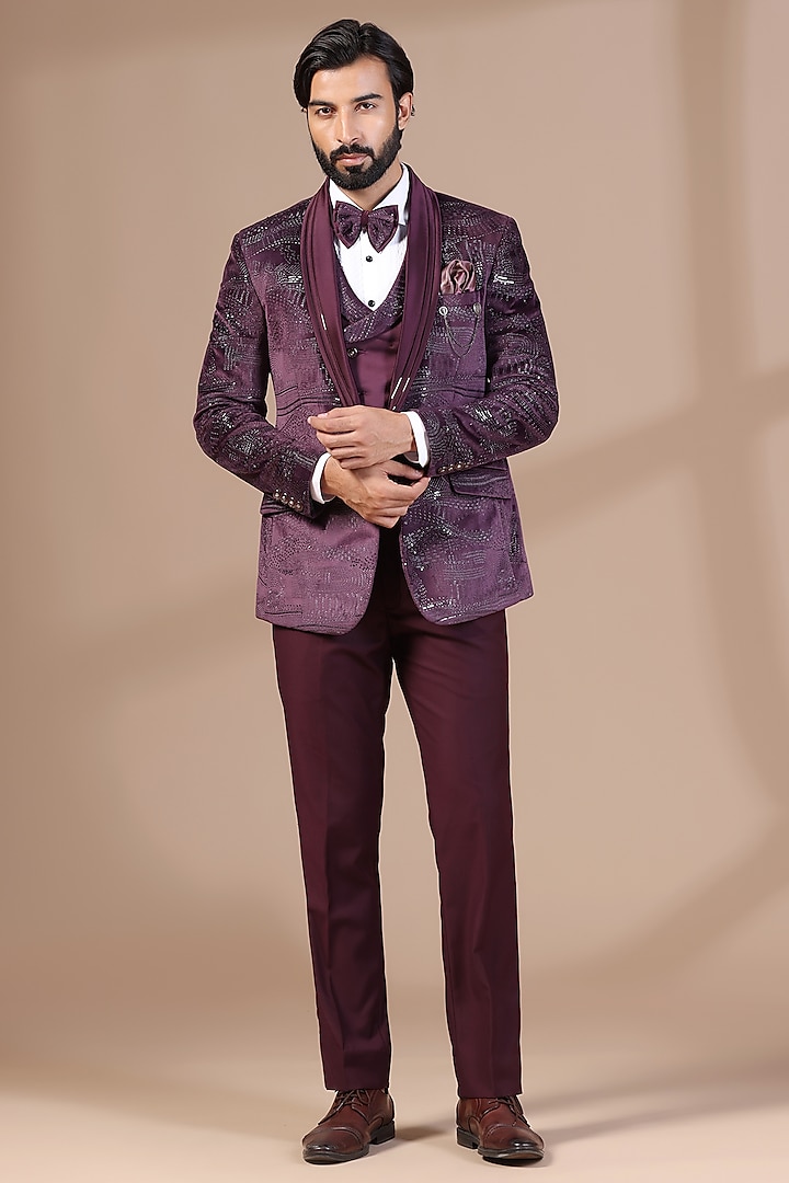 Mauve Velvet Thread Embroidered Tuxedo Set by Zoop Men