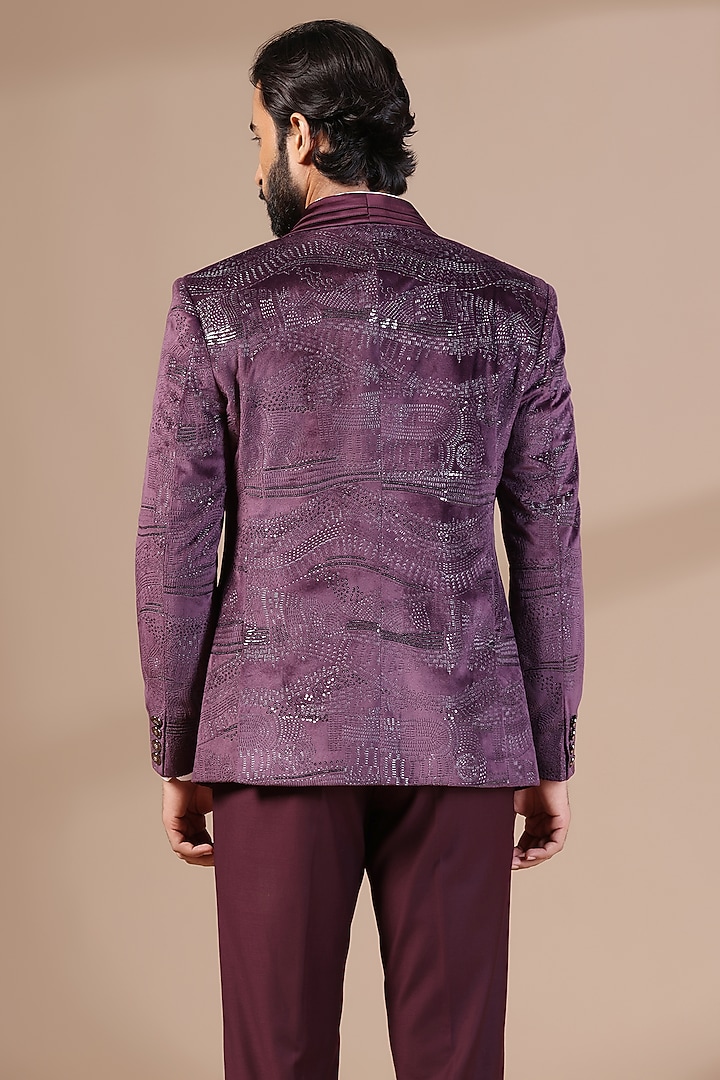 Mauve Velvet Thread Embroidered Tuxedo Set by Zoop Men at Pernia's Pop Up Shop
