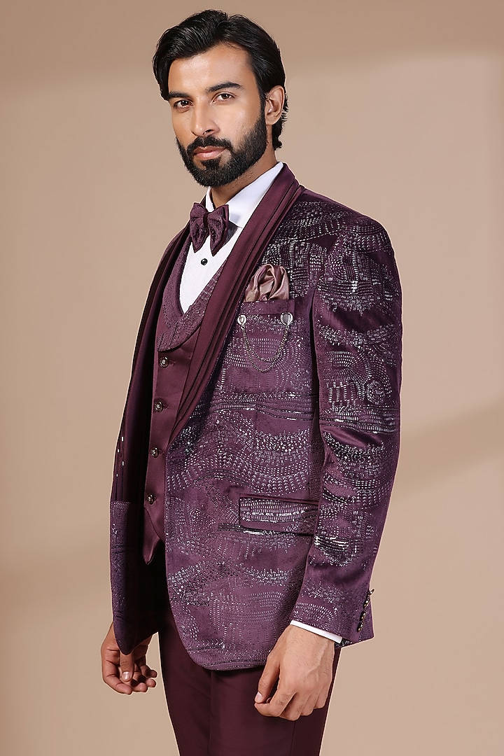 Mauve Velvet Thread Embroidered Tuxedo Set by Zoop Men at Pernia's Pop Up Shop