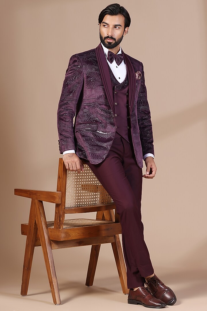 Mauve Velvet Thread Embroidered Tuxedo Set by Zoop Men at Pernia's Pop Up Shop