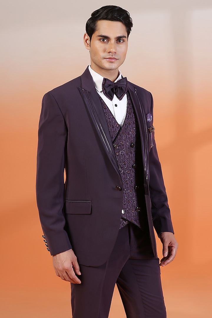 Purple Japanese Satin Silk Thread Embroidered Tuxedo Set by Zoop Men at Pernia's Pop Up Shop