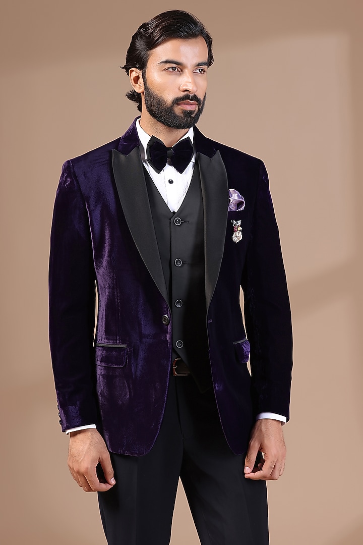 Purple Velvet Tuxedo Set by Zoop Men at Pernia's Pop Up Shop
