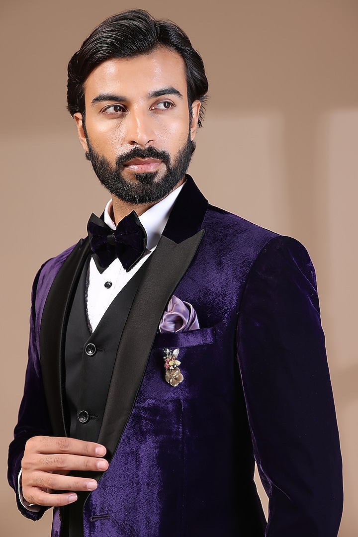 Purple Velvet Tuxedo Set by Zoop Men at Pernia's Pop Up Shop
