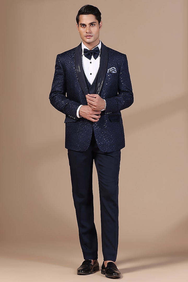 Blue Jacquard Thread Embroidered Tuxedo Set by Zoop Men