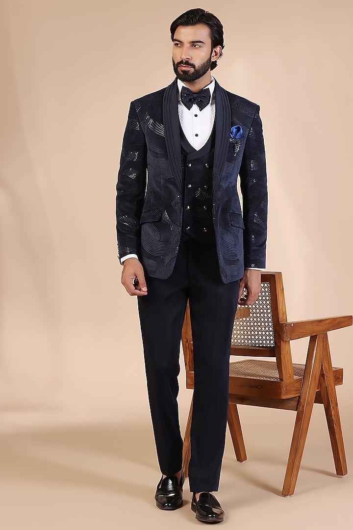 Blue Jacquard Thread & Sequins Embroidered Tuxedo Set by Zoop Men