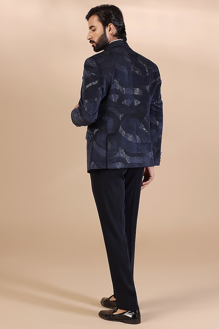 Blue Jacquard Thread & Sequins Embroidered Tuxedo Set by Zoop Men at Pernia's Pop Up Shop