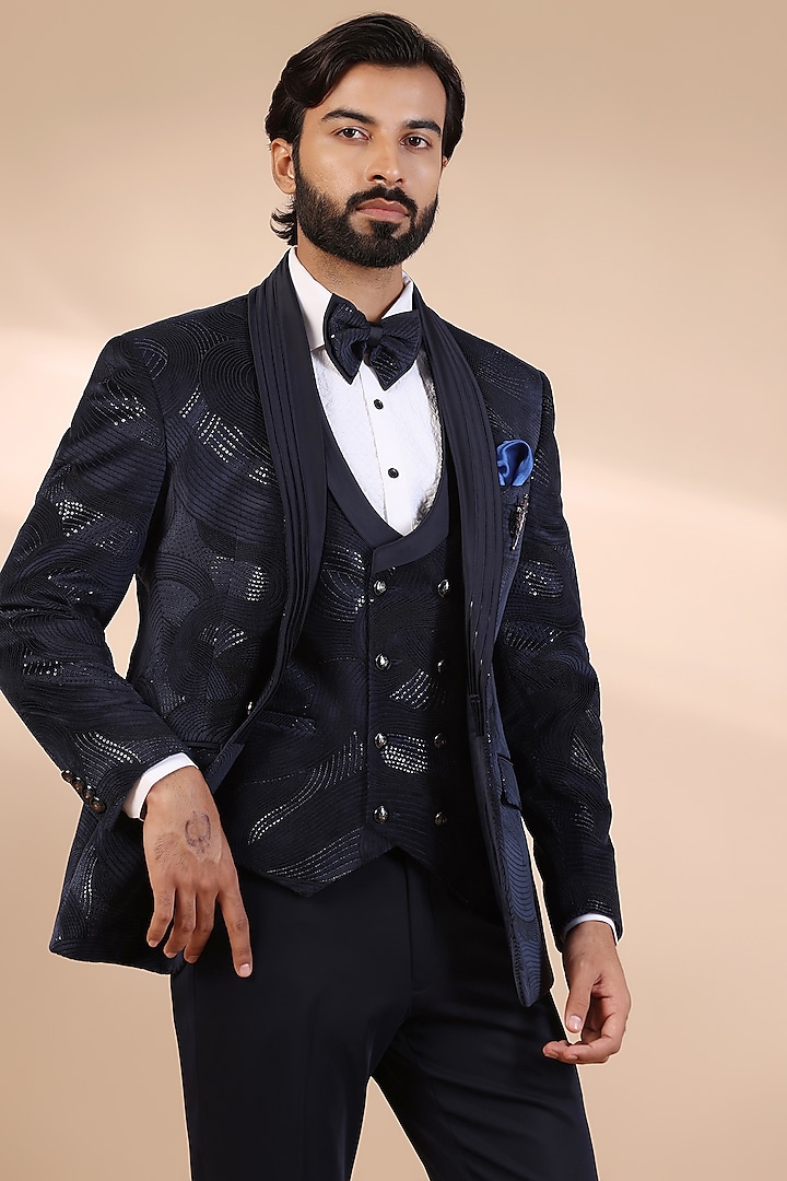 Blue Jacquard Thread & Sequins Embroidered Tuxedo Set by Zoop Men at Pernia's Pop Up Shop