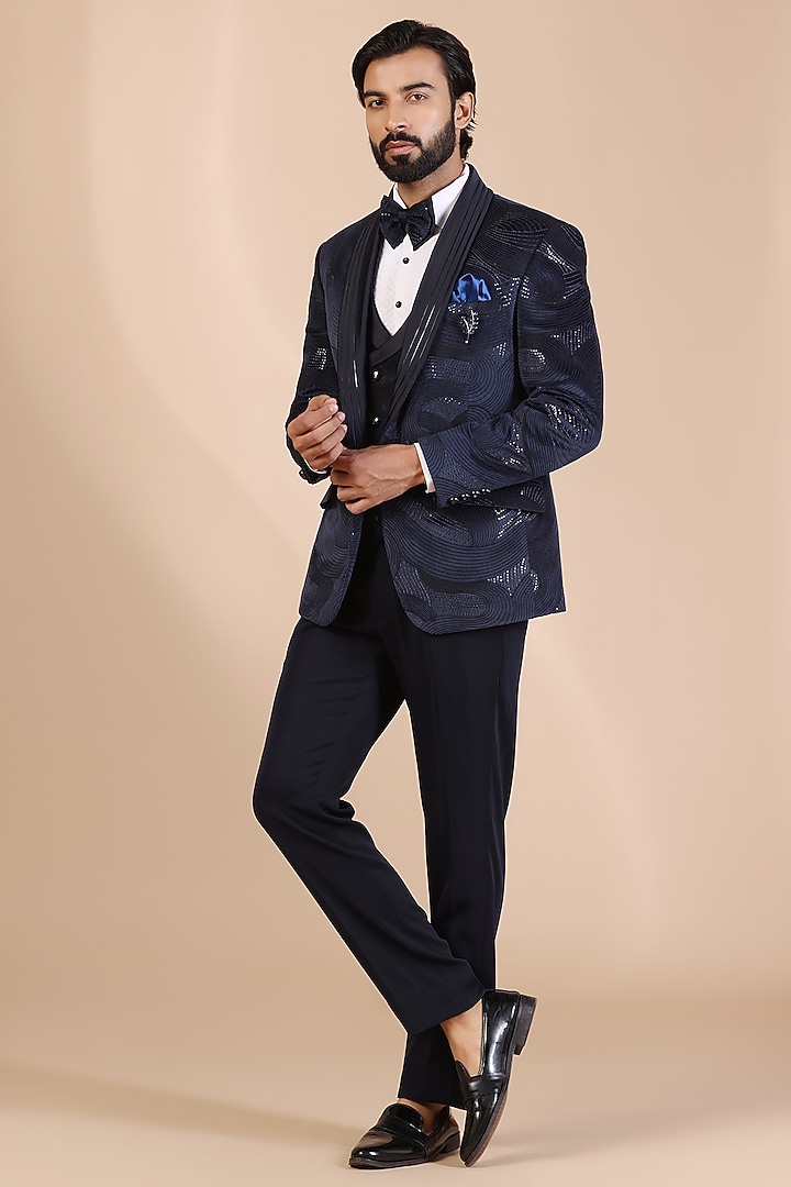 Blue Jacquard Thread & Sequins Embroidered Tuxedo Set by Zoop Men at Pernia's Pop Up Shop