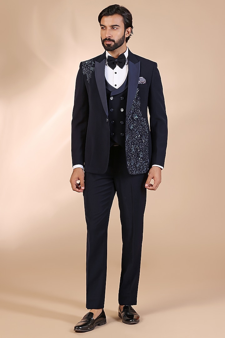 Navy Blue Japanese Satin Silk Hand Embroidered Tuxedo Set by Zoop Men