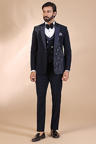 Navy Blue Japanese Satin Silk Hand Embroidered Tuxedo Set by Zoop Men