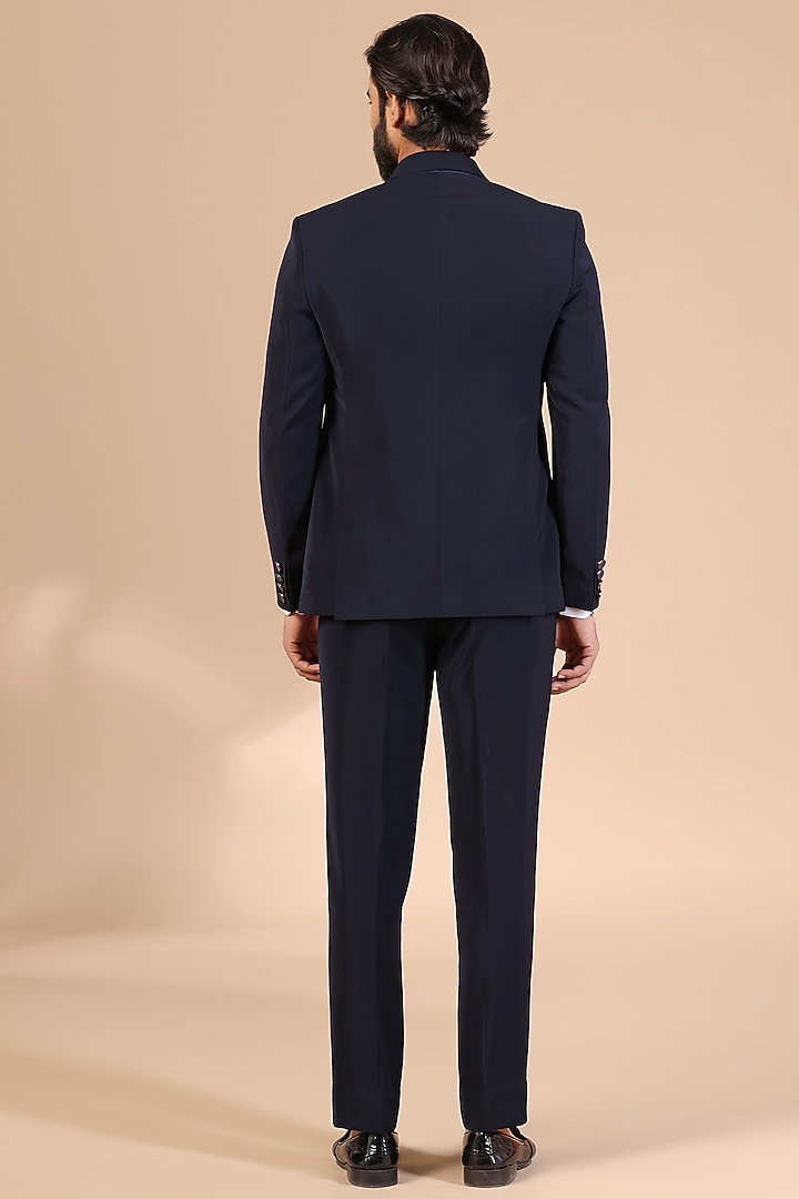 Navy Blue Japanese Satin Silk Hand Embroidered Tuxedo Set by Zoop Men at Pernia's Pop Up Shop