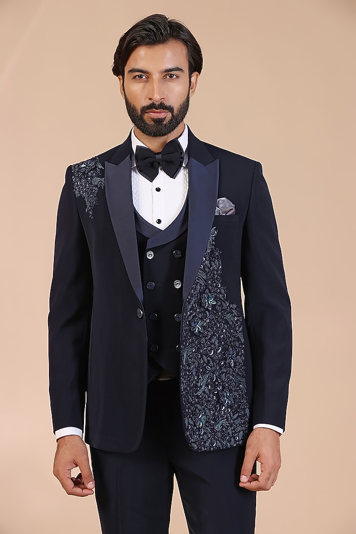 Navy Blue Japanese Satin Silk Hand Embroidered Tuxedo Set by Zoop Men at Pernia's Pop Up Shop