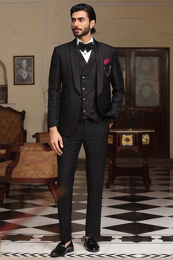 Black Jacquard Printed Tuxedo Set by Zoop Men