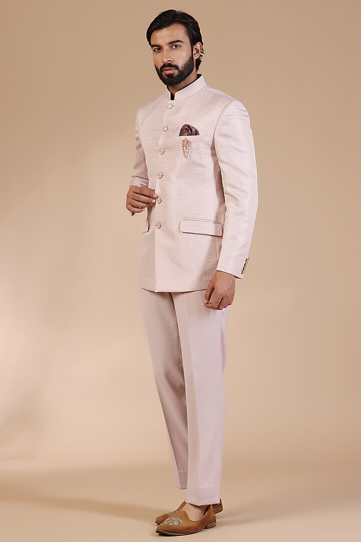 Pastel Pink Jacquard Printed Bandhgala Set by Zoop Men at Pernia's Pop Up Shop