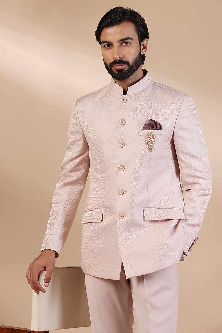 Pastel Pink Jacquard Printed Bandhgala Set by Zoop Men at Pernia's Pop Up Shop