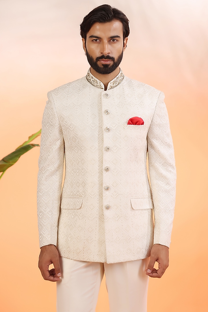 Off-White Organza Jacquard Hand Embellished Wedding Bandhgala Set by Zoop Men at Pernia's Pop Up Shop
