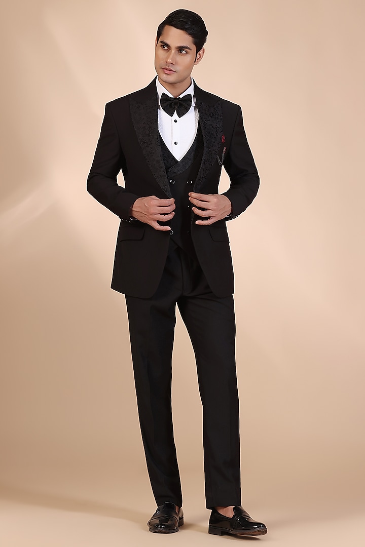 Black Terry Rayon Thread Embroidered Tuxedo Set by Zoop Men