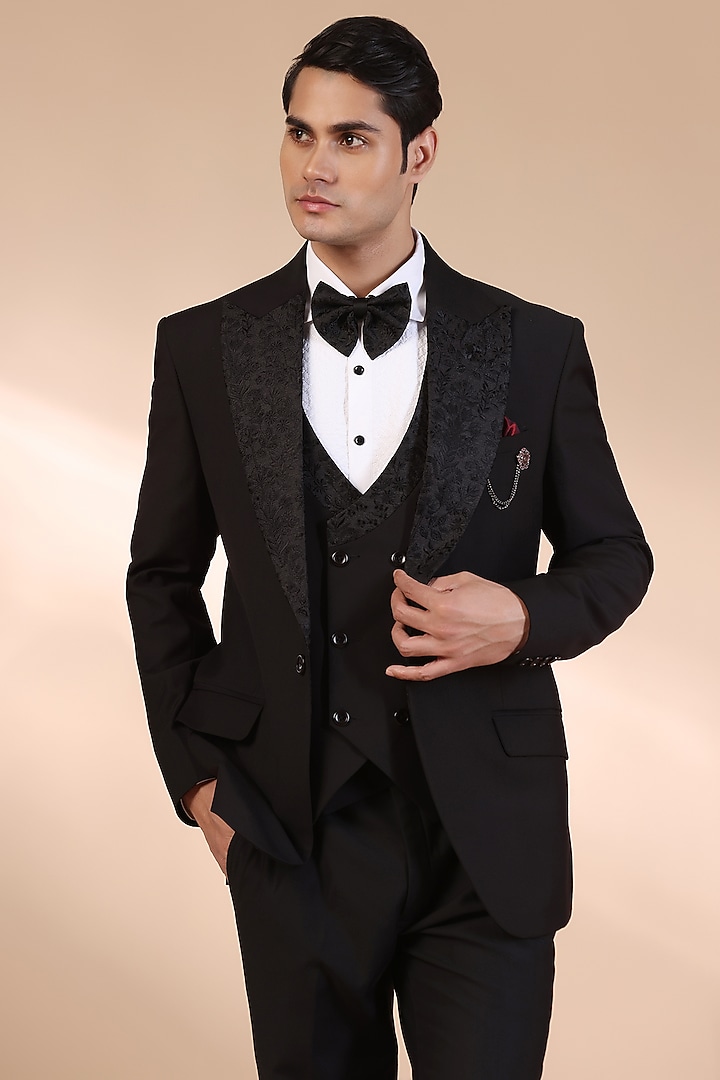 Black Terry Rayon Thread Embroidered Tuxedo Set by Zoop Men at Pernia's Pop Up Shop
