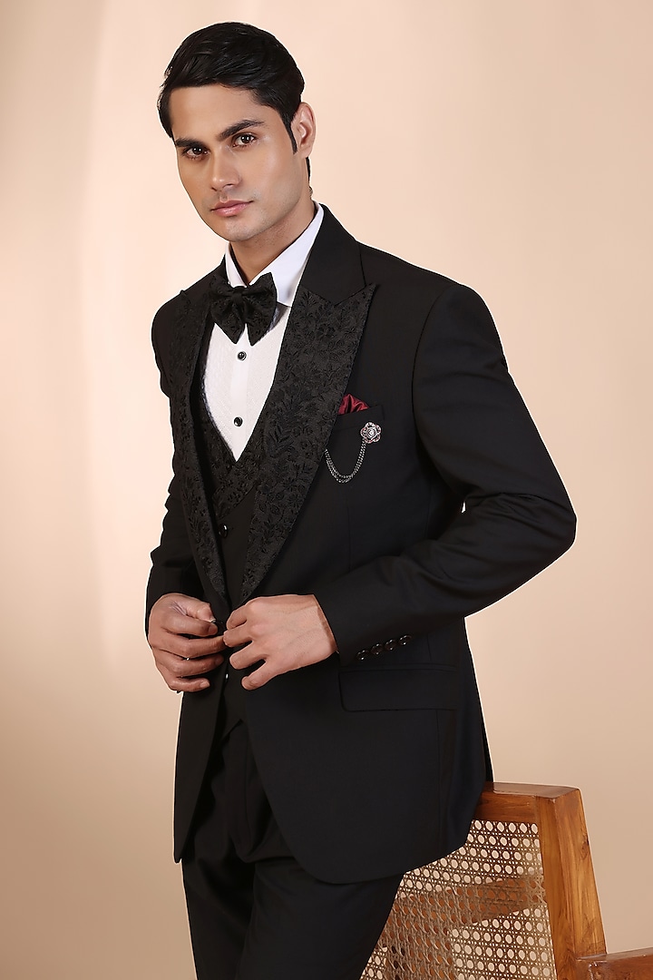 Black Terry Rayon Thread Embroidered Tuxedo Set by Zoop Men at Pernia's Pop Up Shop