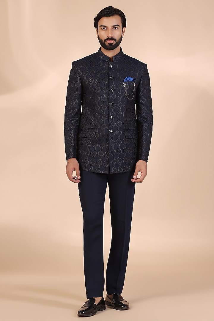 Blue Jacquard Printed Bandhgala Set by Zoop Men