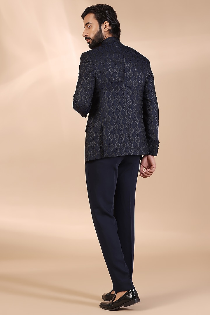 Blue Jacquard Printed Bandhgala Set by Zoop Men at Pernia's Pop Up Shop