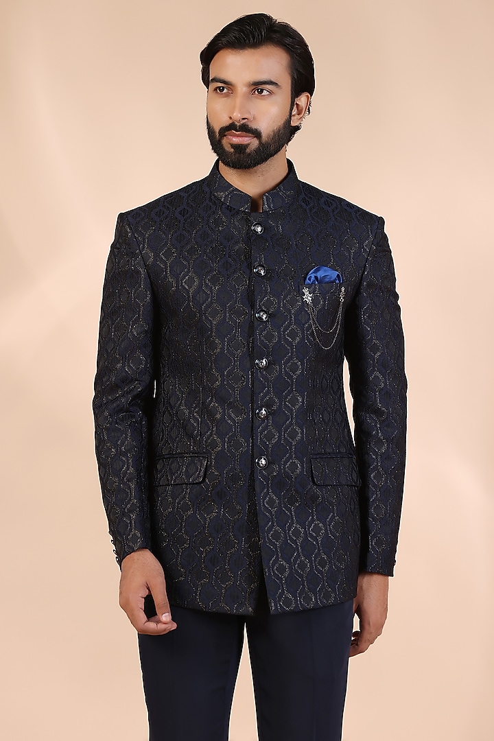 Blue Jacquard Printed Bandhgala Set by Zoop Men at Pernia's Pop Up Shop