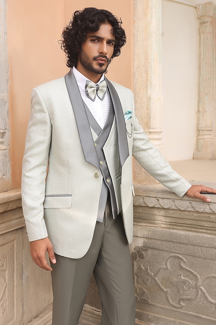 Pastel Green Jacquard Tuxedo Set by Zoop Men at Pernia's Pop Up Shop