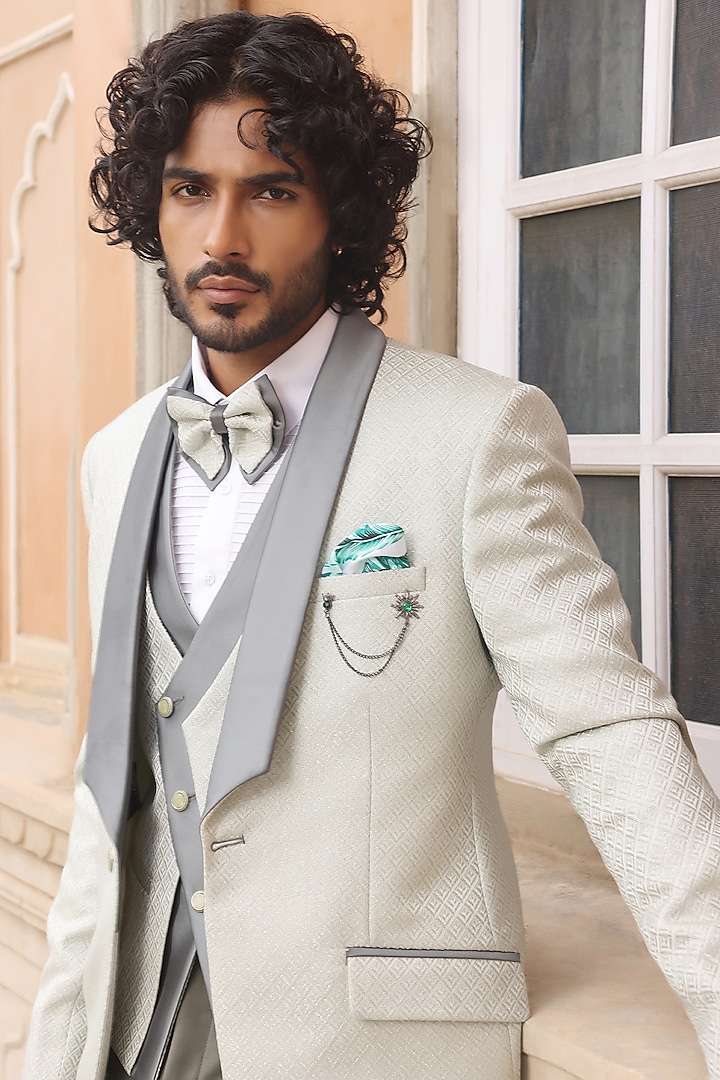 Pastel Green Jacquard Tuxedo Set by Zoop Men at Pernia's Pop Up Shop