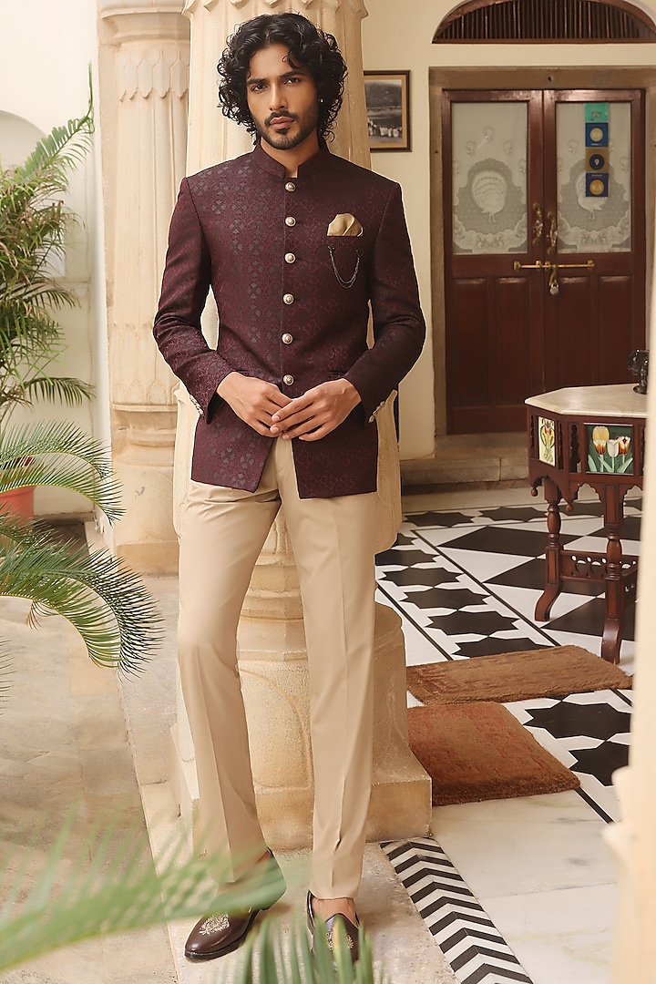 Maroon Jacquard Weave Embroidered Bandhgala Set by Zoop Men