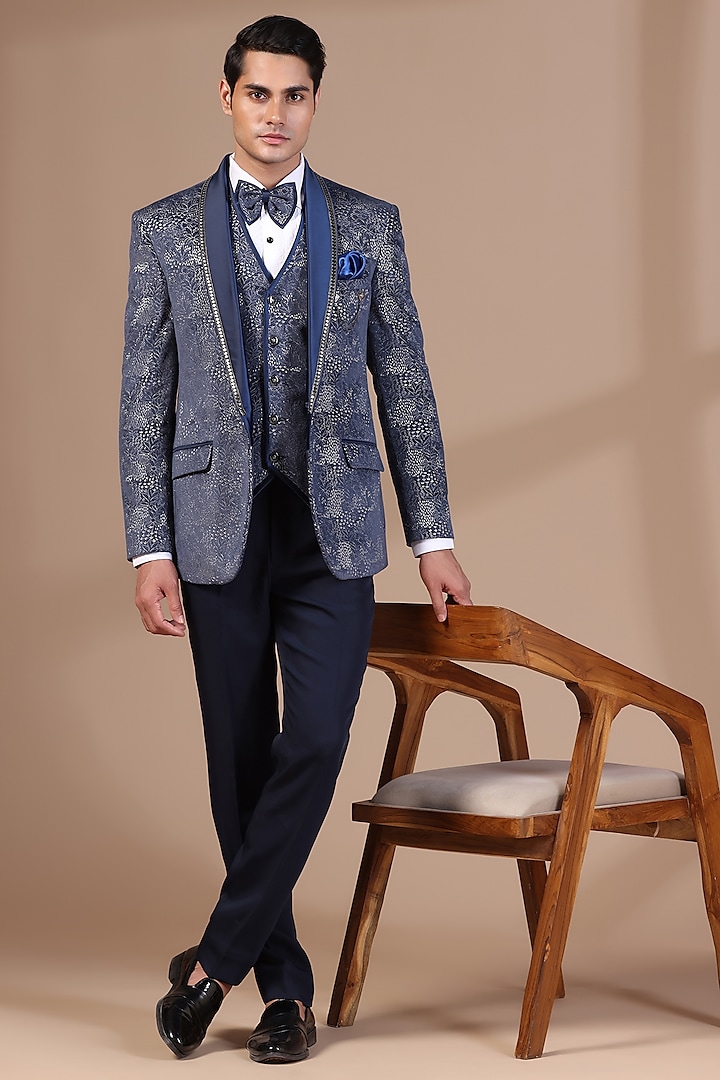 Blue Velvet Thread Embroidered Tuxedo Set by Zoop Men at Pernia's Pop Up Shop