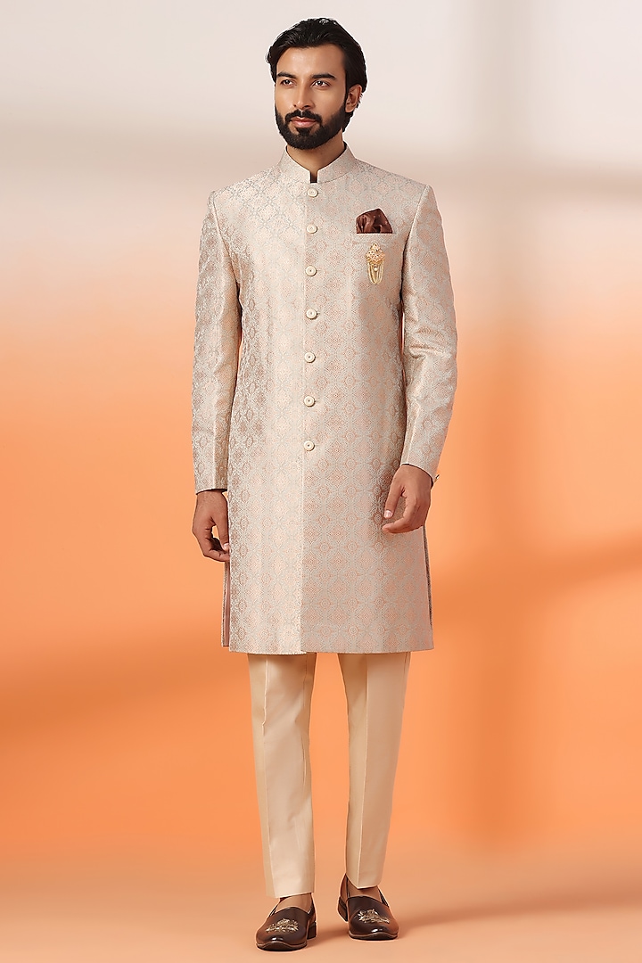 Peach & Pista Green Jacquard Printed Sherwani Set by Zoop Men