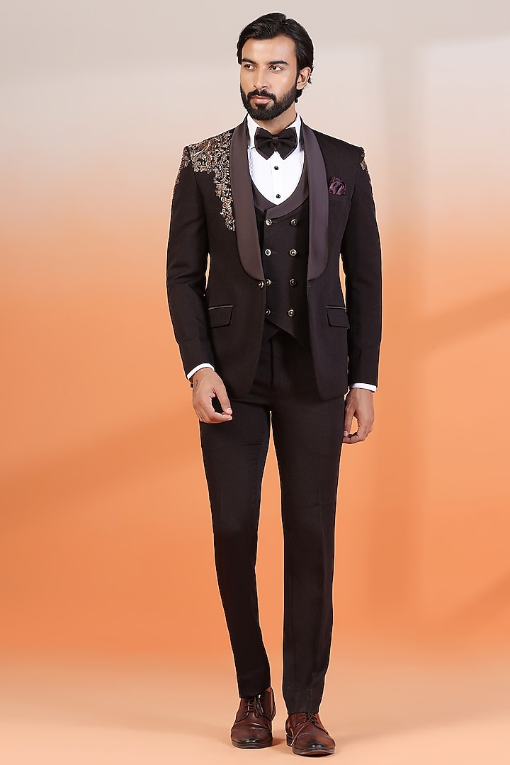 Copper Brown Jacquard Hand Embellished Tuxedo Set by Zoop Men