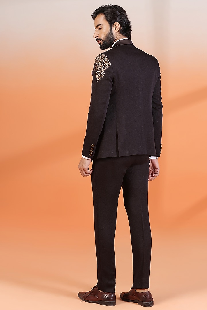 Copper Brown Jacquard Hand Embellished Tuxedo Set by Zoop Men at Pernia's Pop Up Shop