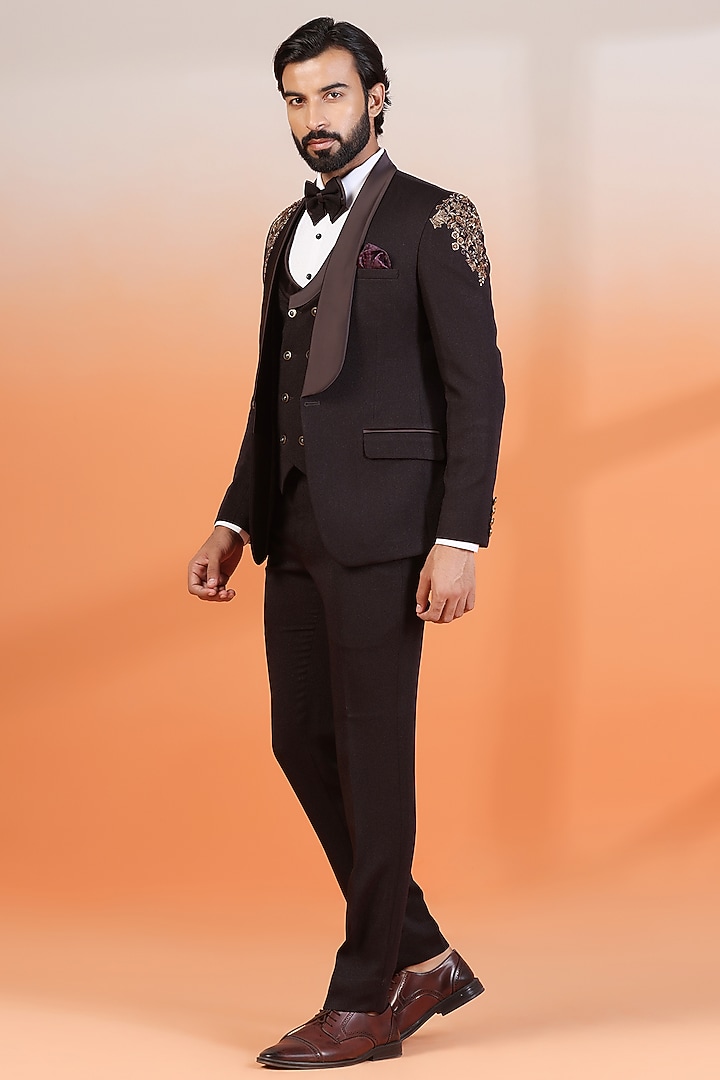 Copper Brown Jacquard Hand Embellished Tuxedo Set by Zoop Men at Pernia's Pop Up Shop
