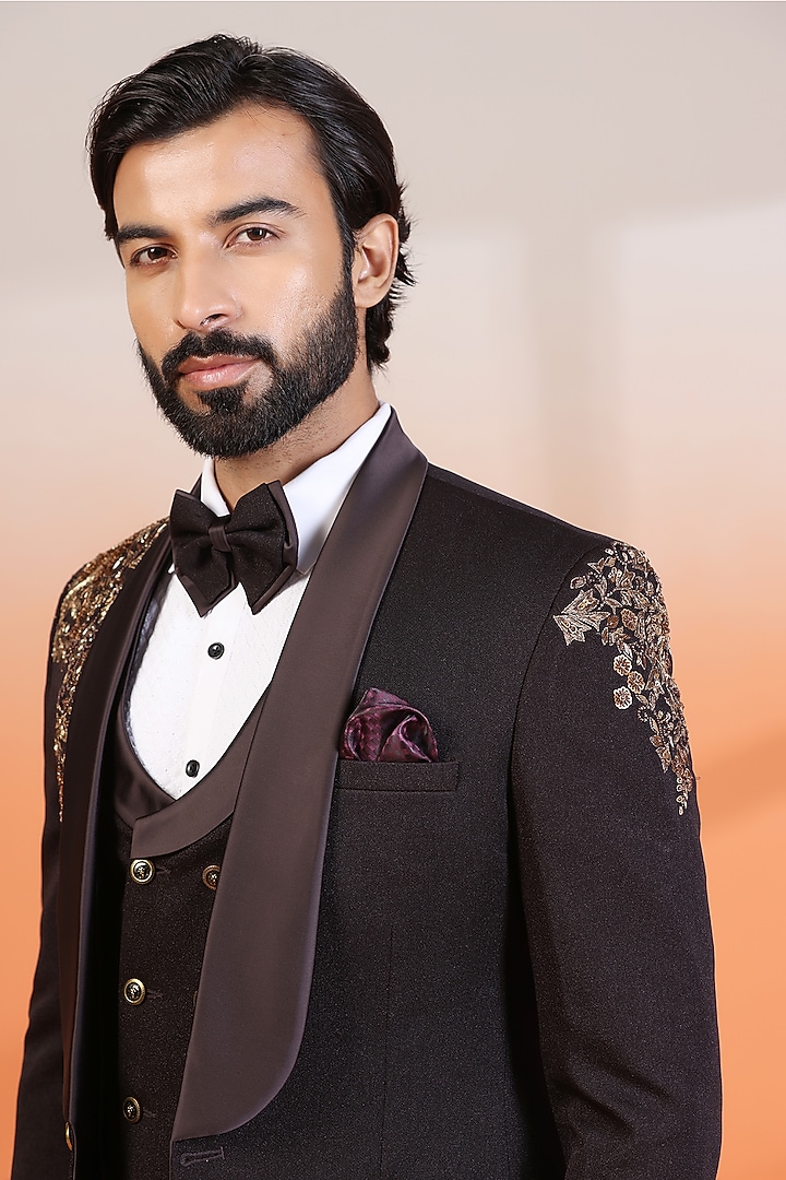 Copper Brown Jacquard Hand Embellished Tuxedo Set by Zoop Men at Pernia's Pop Up Shop