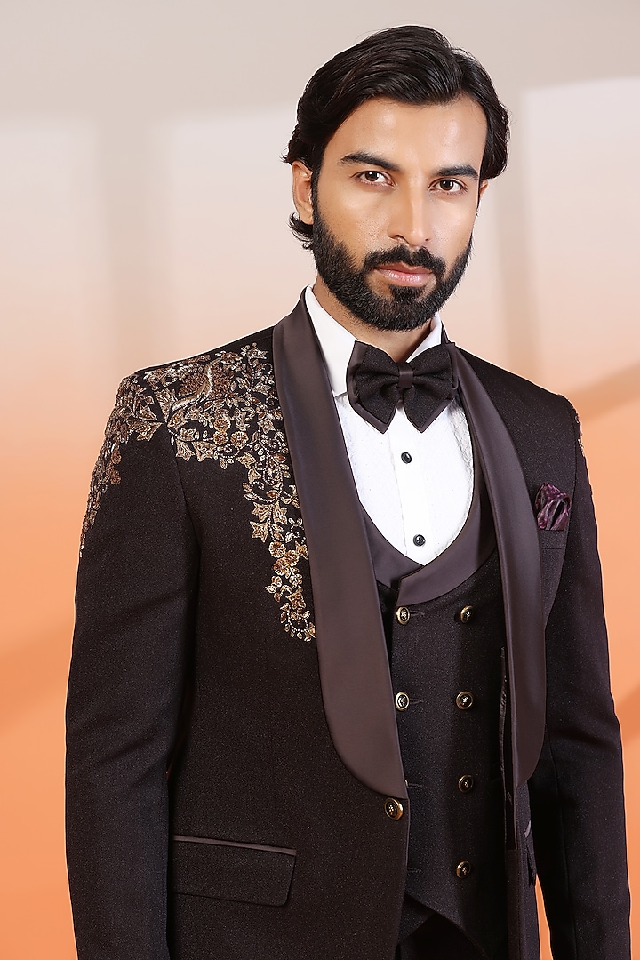 Copper Brown Jacquard Hand Embellished Tuxedo Set by Zoop Men at Pernia's Pop Up Shop
