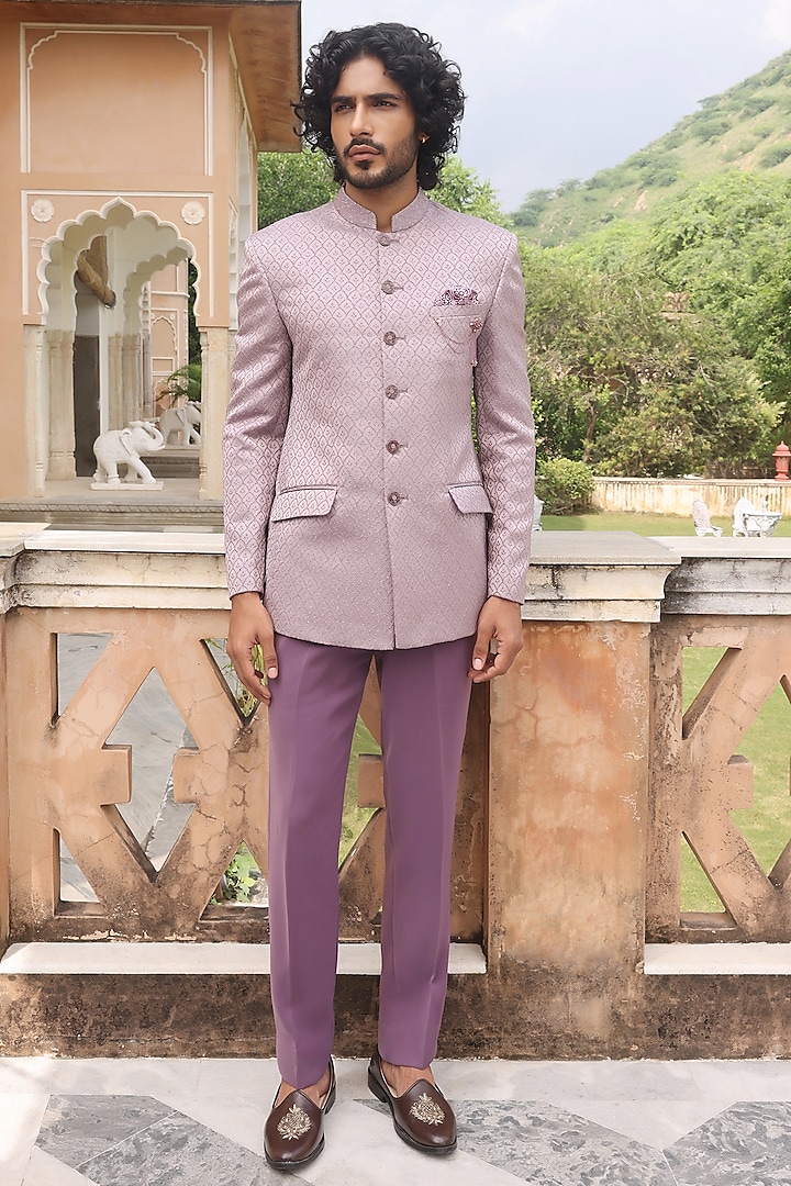 Onion Pink Jacquard Thread Embroidered Bandhgala Set by Zoop Men