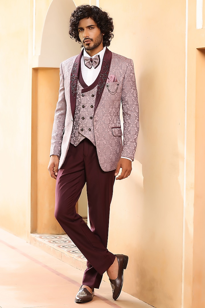 Magenta Pink Weaved Jacquard Hand Embroidered Tuxedo Set by Zoop Men