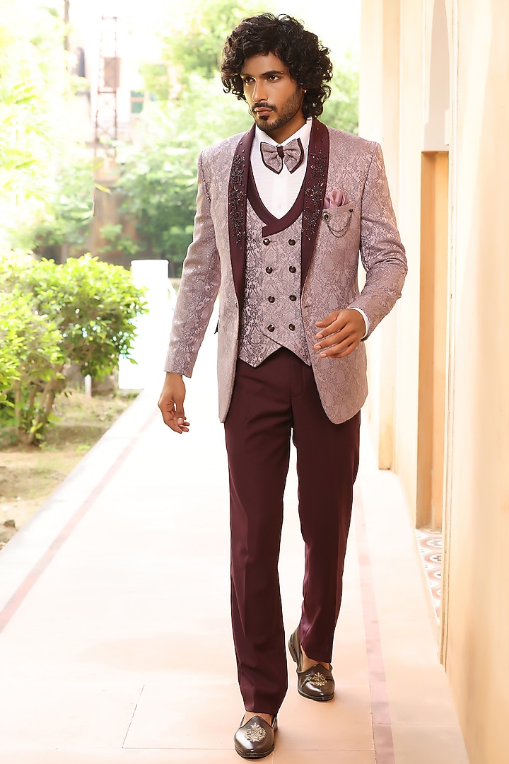 Magenta Pink Weaved Jacquard Hand Embroidered Tuxedo Set by Zoop Men at Pernia's Pop Up Shop