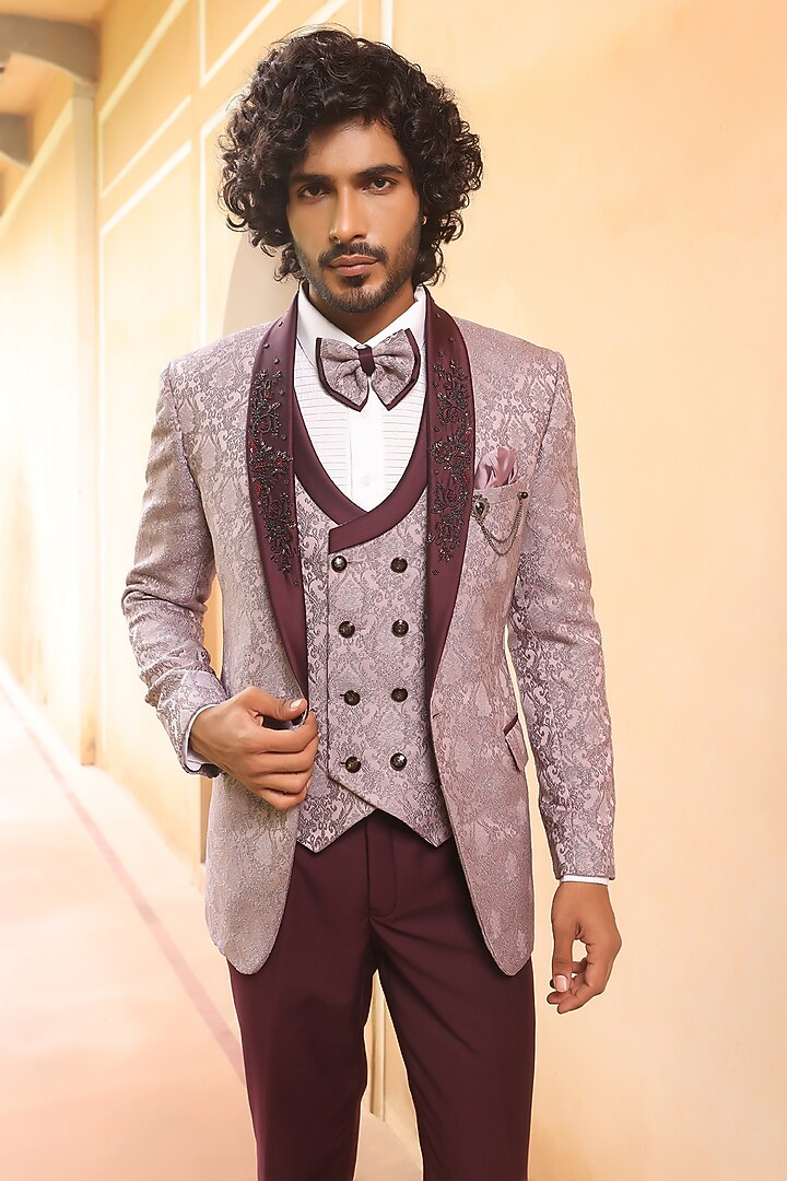 Magenta Pink Weaved Jacquard Hand Embroidered Tuxedo Set by Zoop Men at Pernia's Pop Up Shop